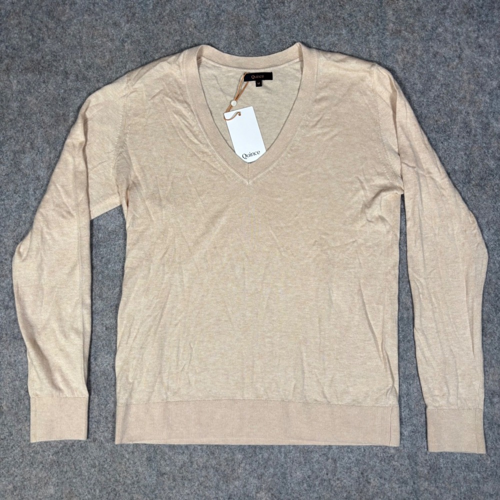 Quince V-Neck Sweater Womens M Heather Oatmeal Cotton Cashmere Neutral Cozy NWT